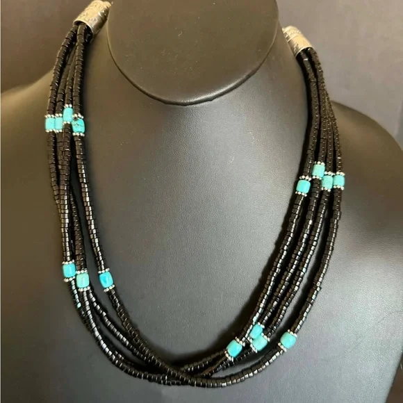 Sterling silver black onyx turquoise necklace 24 inch